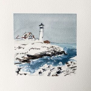 6x6 Maine Original Watercolor Painting Portland Head Light Cape Elizabeth Signed